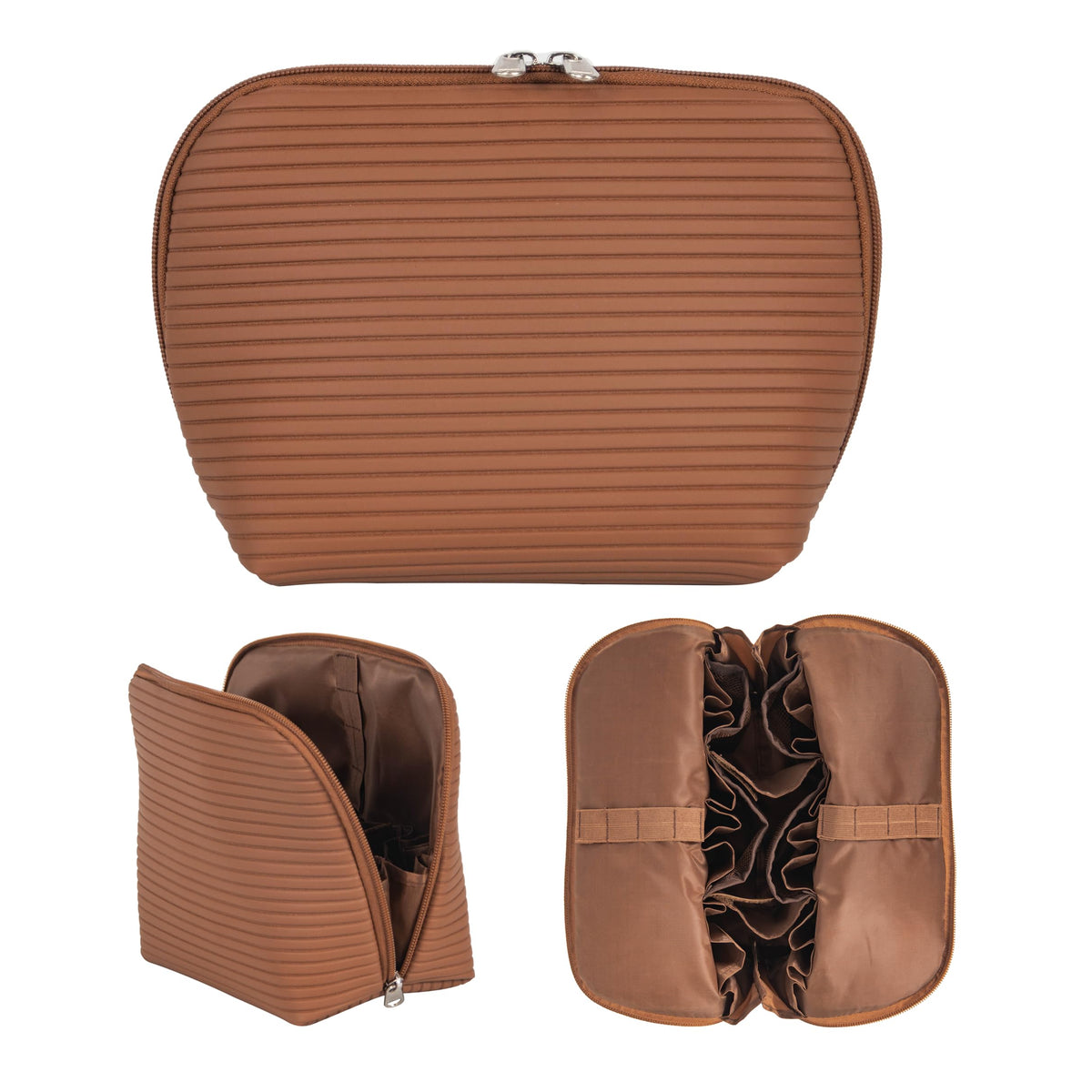Travel Makeup Bag for Women, Waterproof Stand Up Cosmetic Bag with Brush Holders, Organizer Bag with Compartments, Fold-Down Design for Skincare, Toiletries & Essentials (Camel, Medium)