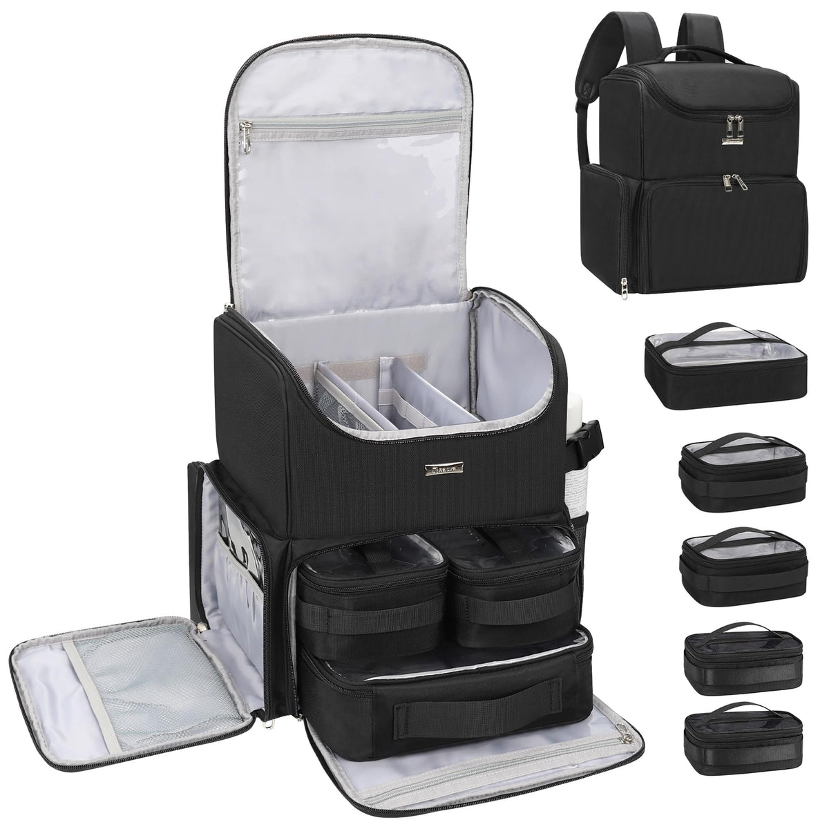 Relavel Makeup Backpack Large Makeup Bag with 3 Clear Set Bags, Dual Layer Professional Cosmetic Organizer Travel Train Case Makeup Artist Kit with Adjustable Dividers & Easy to Clean Lining, Black