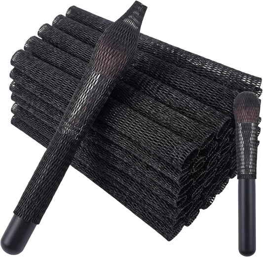 VASANA 50Pcs 12cm/4.7inch Length Black Plastic Mesh Makeup Brush Protector Expandable Mesh Sleeve Covers Cosmetic Beauty Brush Net Guard for Storage Travel (Not include Brushes)