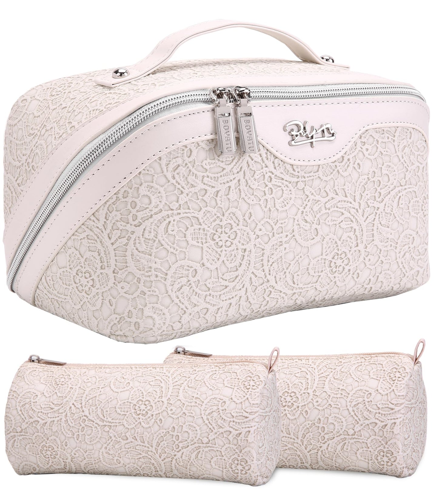 BOYATU Travel Makeup Bags Cosmetic Organizer Bag: Floral Make up Bag | 3 Pcs Set Large Capacity Makeup Bag with Compartments - Waterproof Leather Toiletry Bags with Handle for Women (Blue)