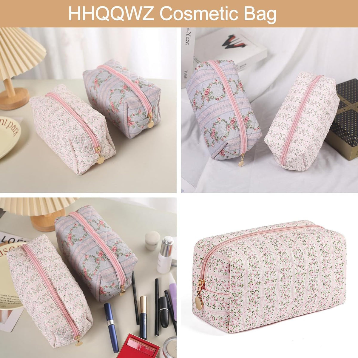 Makeup Bag Travel Cosmetic Bag for Women Girls, Zipper Make Up Pouch, Floral Flowers Toiletry Organizer Makeup, Portable Storage Cosmetic Travel Cloth Bag (Pink)