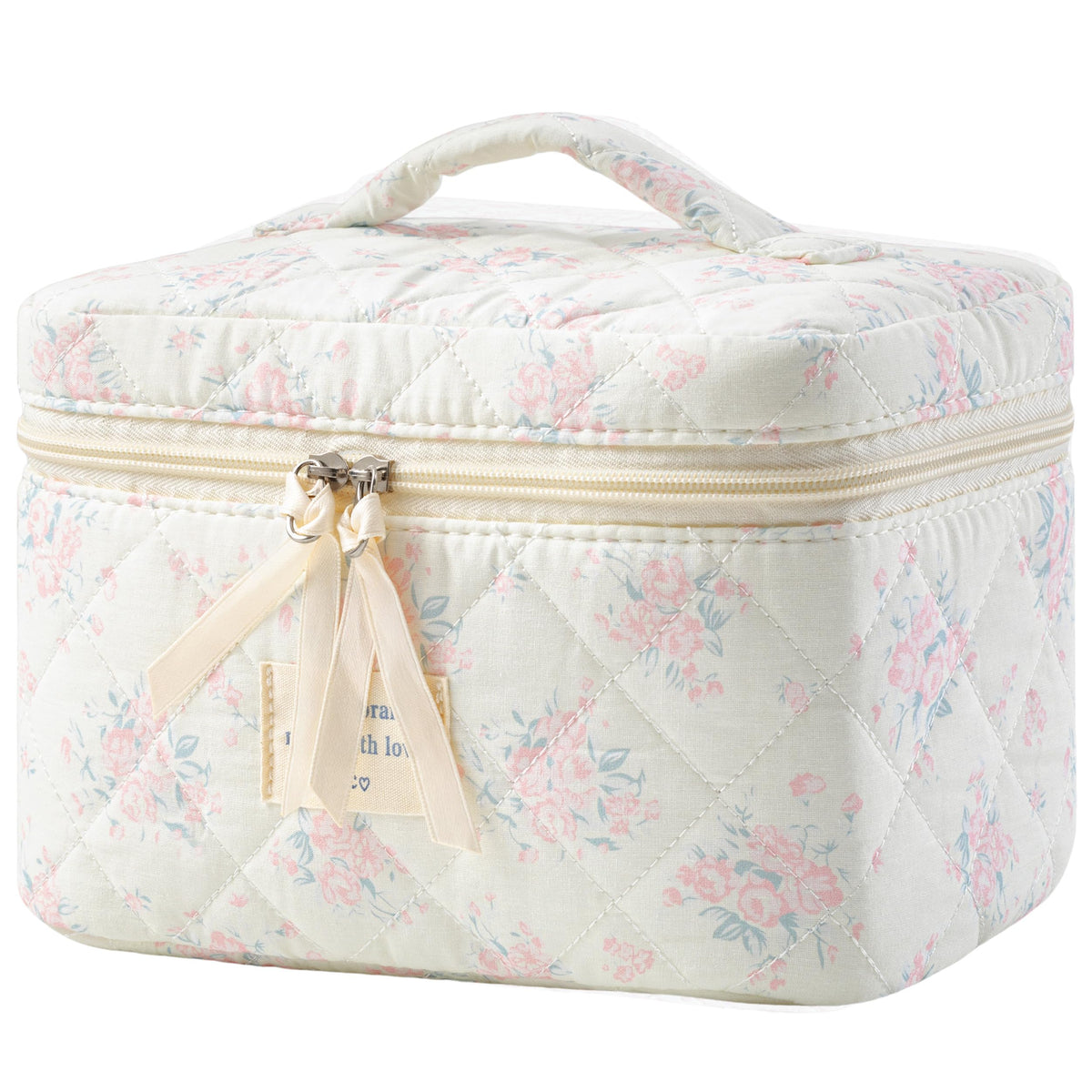 HBselect Large Quilted Makeup Bag for Women Cute Cotton Travel Cosmetic Bag | Floral Coquette Aesthetic Toiletry Organizer Bag with Handle, Portable Multifunctional Makeup Bag, Gifts for Bridesmaids