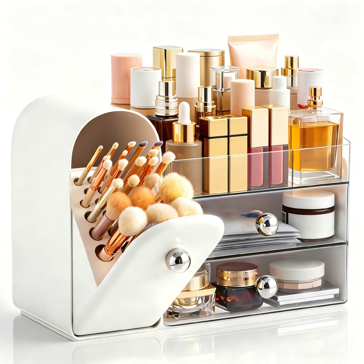 HBlife Makeup Organizer Countertop with Drawers, Vanity Organizers with Brush Holder, Bathroom Counter Organizer for Perfume, Nail Polishes, Lipsticks, Skincare and Eyeshadow Palettes, White
