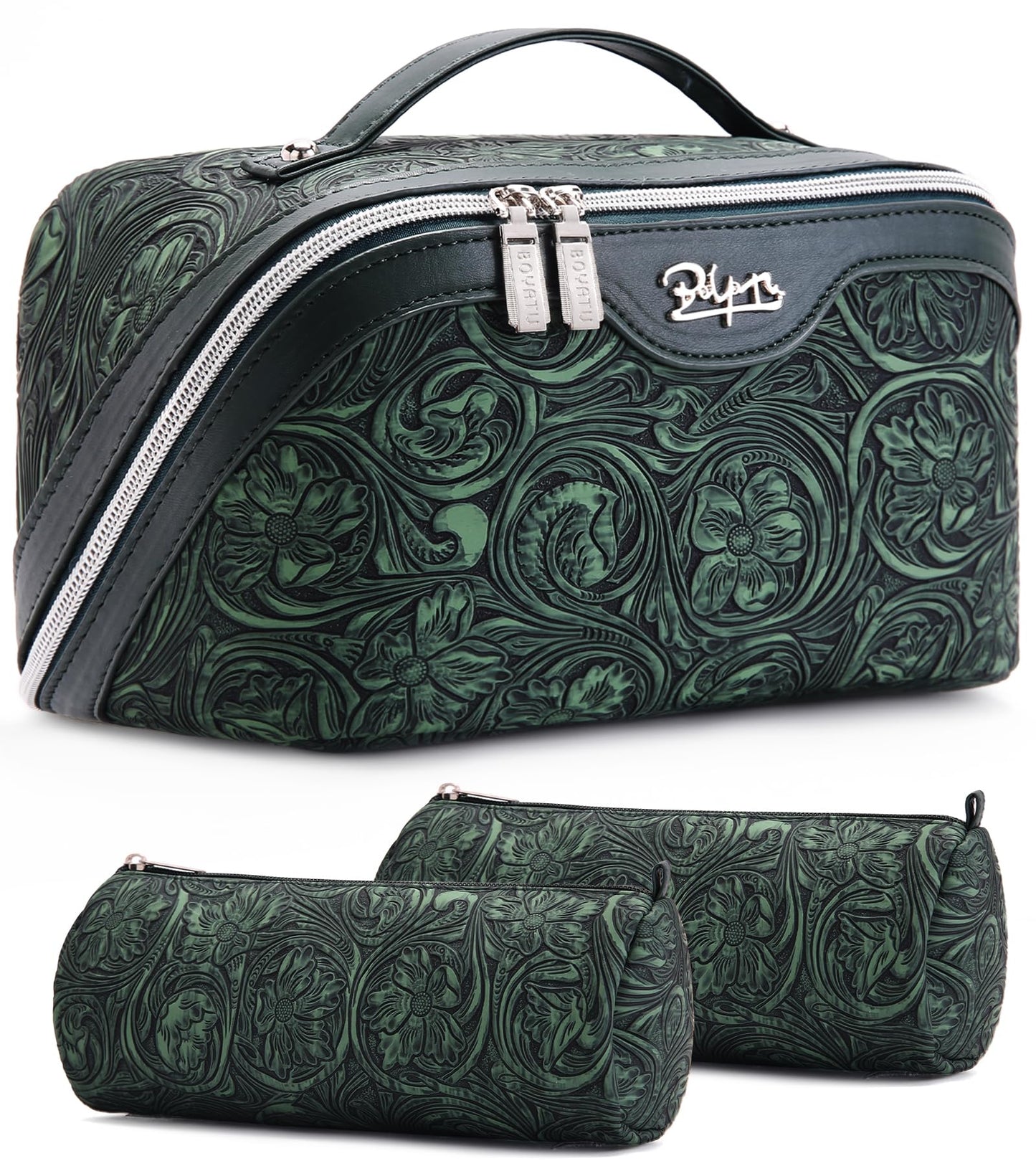 BOYATU Travel Makeup Bags Cosmetic Organizer Bag: Floral Make up Bag | 3 Pcs Set Large Capacity Makeup Bag with Compartments - Waterproof Leather Toiletry Bags with Handle for Women (Blue)
