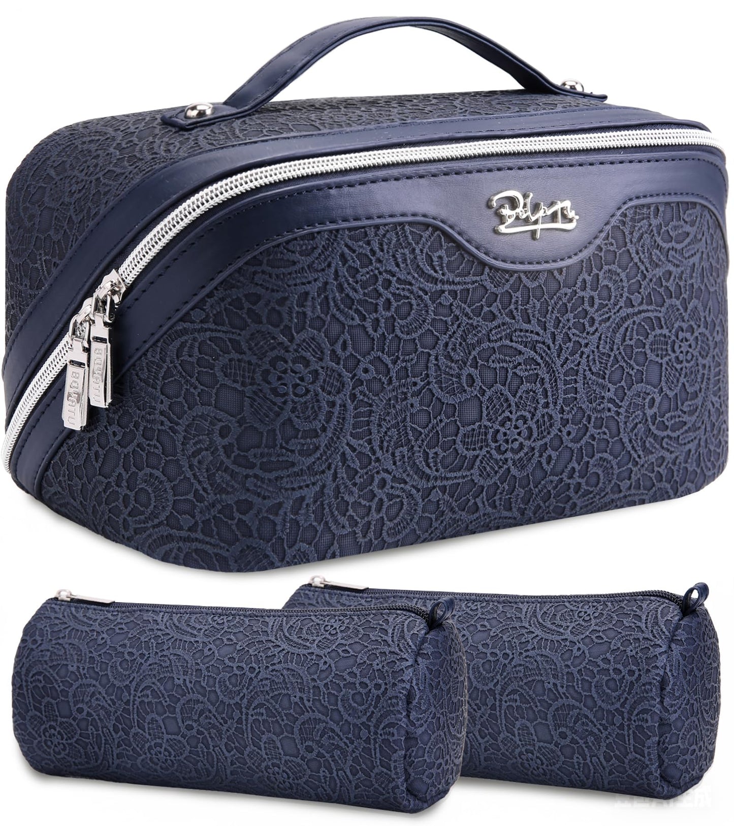 BOYATU Travel Makeup Bags Cosmetic Organizer Bag: Floral Make up Bag | 3 Pcs Set Large Capacity Makeup Bag with Compartments - Waterproof Leather Toiletry Bags with Handle for Women (Blue)