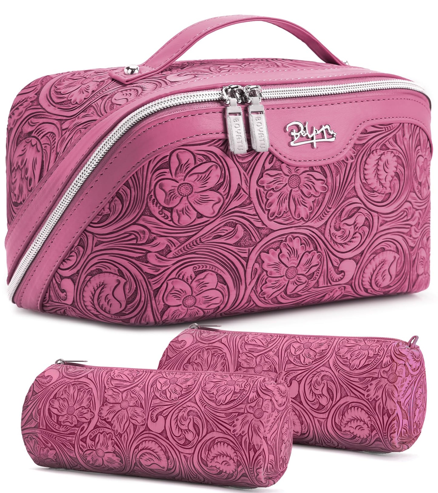 BOYATU Travel Makeup Bags Cosmetic Organizer Bag: Floral Make up Bag | 3 Pcs Set Large Capacity Makeup Bag with Compartments - Waterproof Leather Toiletry Bags with Handle for Women (Blue)