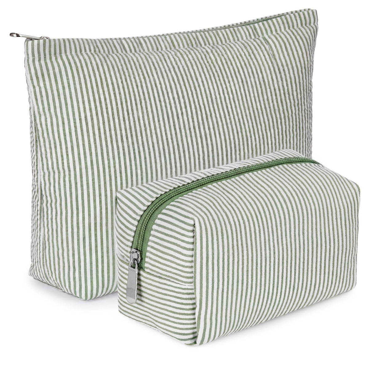 Huhumy 2 Pcs Makeup Bag Set for Women, Khaki, Thin Striped Seersucker