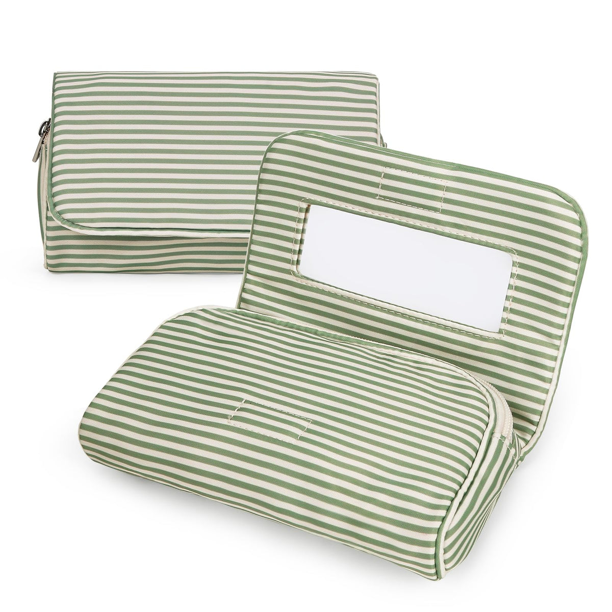Women’s Cute Nylon Makeup Bag with Built-in Mirror, Protable Lightweight Cosmetic Bag, Trendy Toiletry Bag for Travel (Pink Stripe)