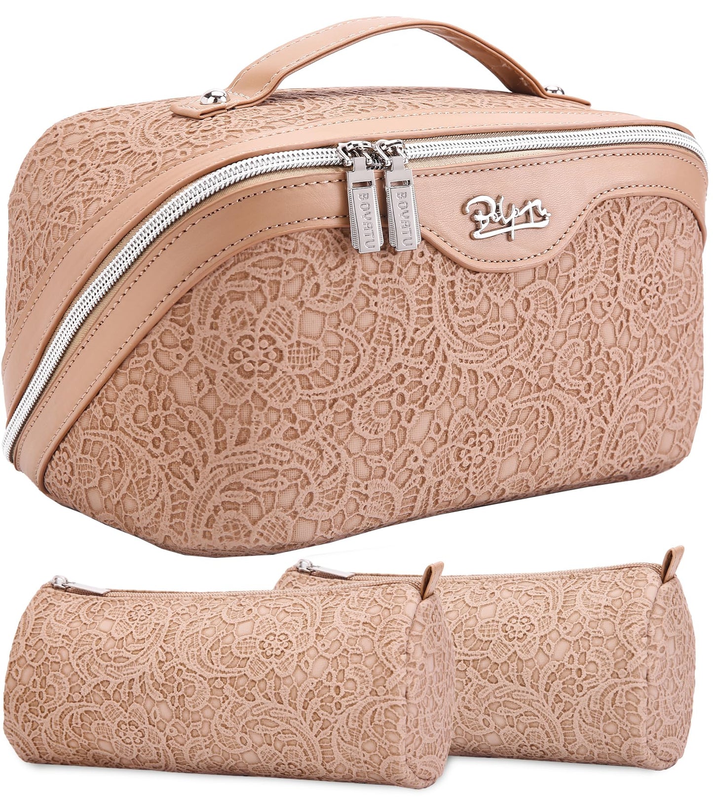 BOYATU Travel Makeup Bags Cosmetic Organizer Bag: Floral Make up Bag | 3 Pcs Set Large Capacity Makeup Bag with Compartments - Waterproof Leather Toiletry Bags with Handle for Women (Blue)