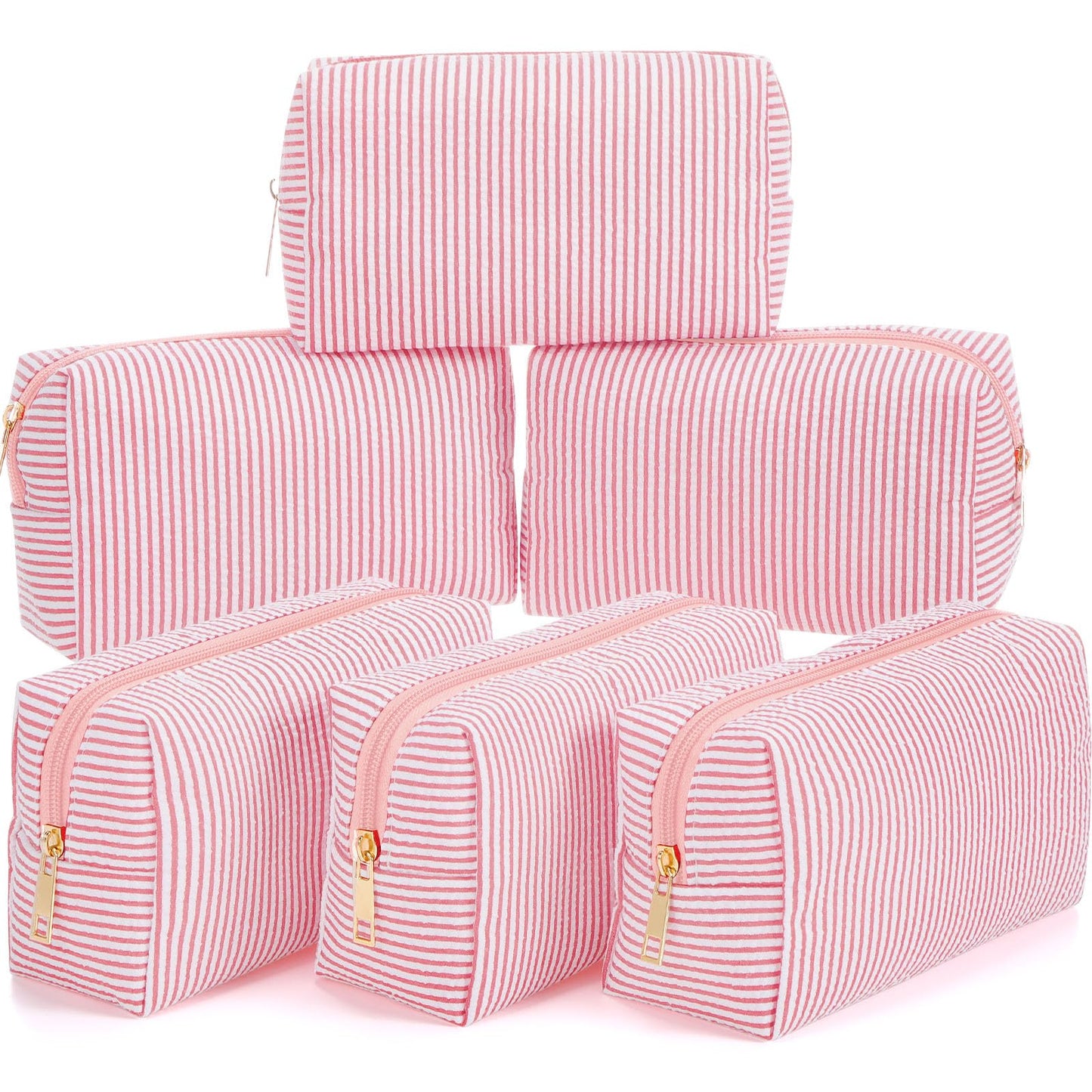Sanwuta 6 Pcs Seersucker Cosmetic Bags Bulk, Striped Zippered,Khaki