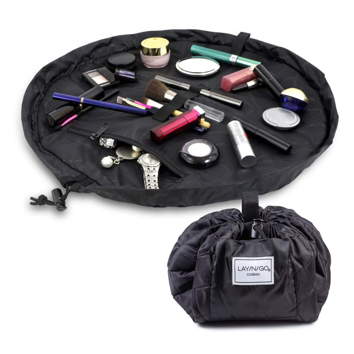 Lay-n-Go Cosmo Layflat Drawstring Cosmetic & Makeup Bag Organizer w/Zipper Pocket, Brush Loops & More, Cinch to Close, Lay Flat to Use, Durable, Machine Wash, Travel Toiletry Bag (20", Dogs)