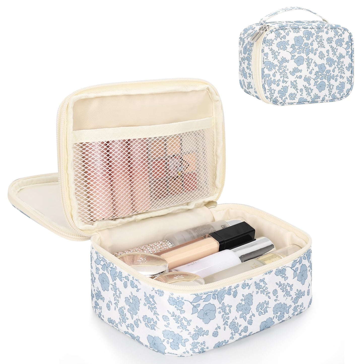 Relavel Travel Makeup Bag, Small Floral Cosmetic Bag with Makeup Brush Compartment, Portable Makeup Pouch for Women, Double Layer Makeup Organizer Bag Cute Toiletry Bag