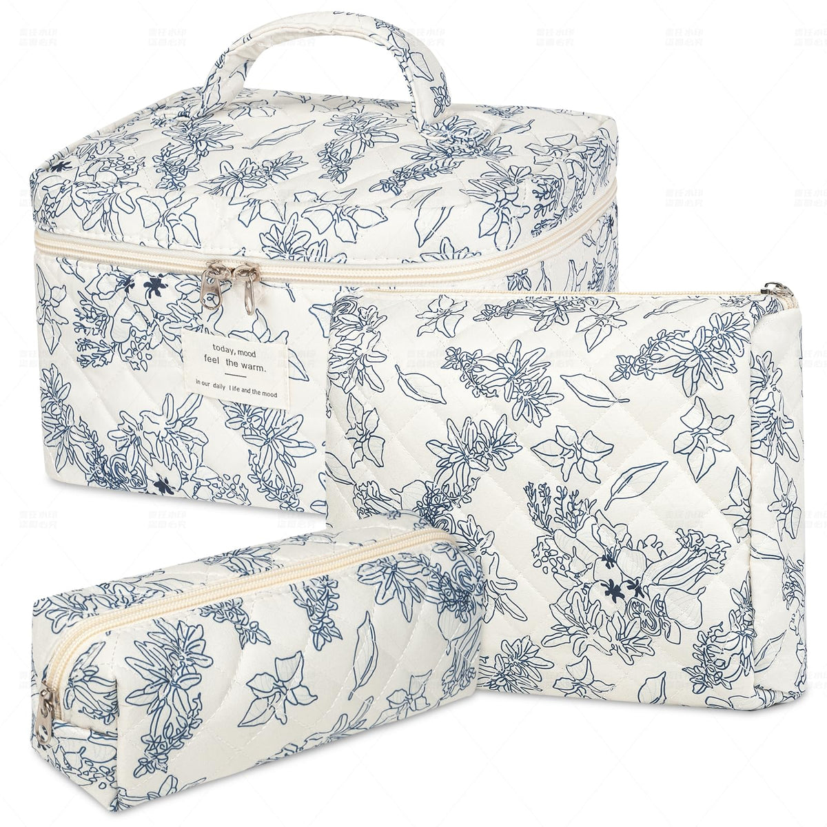 senbowe Floral Makeup Bag, 3 Pack Large Cotton Quilted Makeup Bag Set, Cute Floral Coquette Aesthetic Toiletry Bag Make Up Cosmetic Bag for Women, Toiletry Travel Make Up Organizer Bag