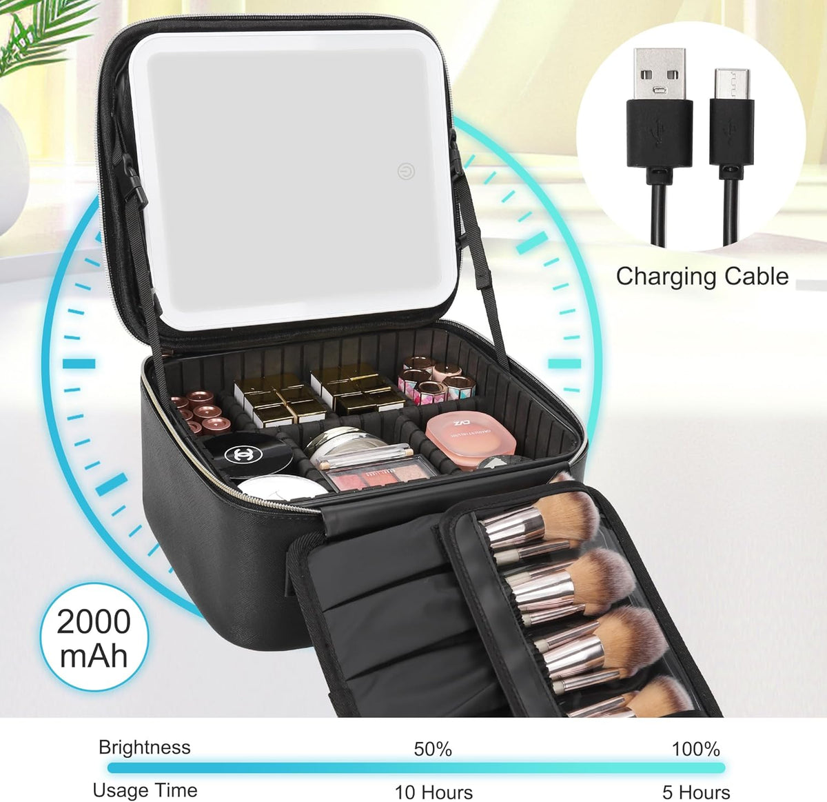 Relavel Travel Makeup Bag With LED Mirror, Cosmetic Train Case with Light up Mirror, Portable Makeup Artist Organizer Bag with Adjustable Dividers, Makeup Brush Holder Storage, Black