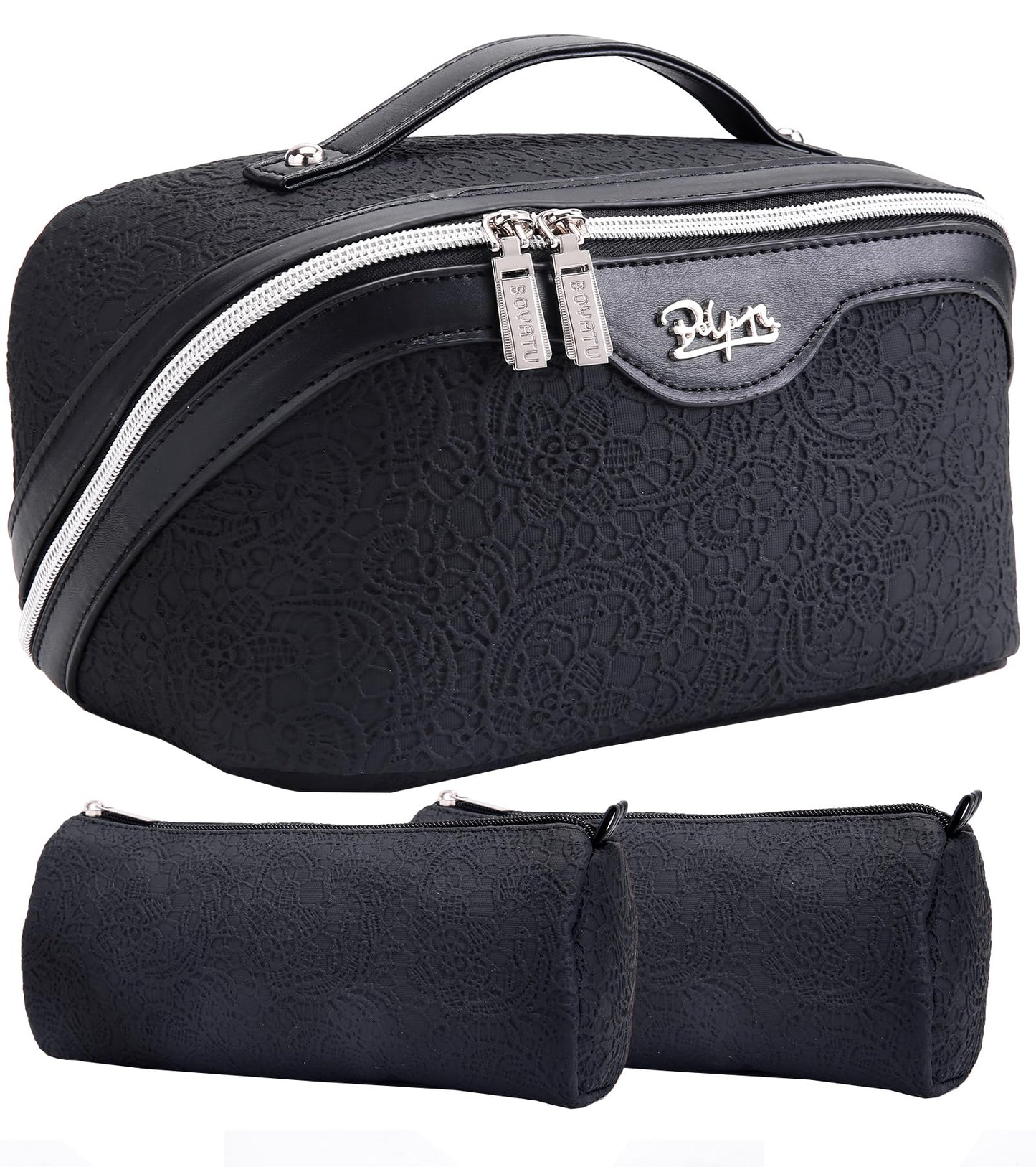 BOYATU Travel Makeup Bags Cosmetic Organizer Bag: Floral Make up Bag | 3 Pcs Set Large Capacity Makeup Bag with Compartments - Waterproof Leather Toiletry Bags with Handle for Women (Blue)