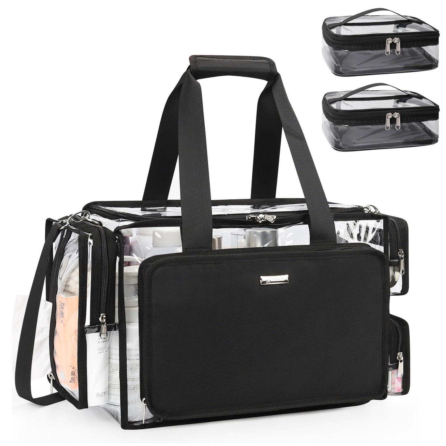 Relavel Clear Makeup Bag Extra Large Makeup Artist Kit Set, Cosmetic Storage Organizer Hair Stylist Traveling Bag, Transparent Tote Duffle Beach Toiletry Bag with Adjustable Dividers & Shoulder Strap