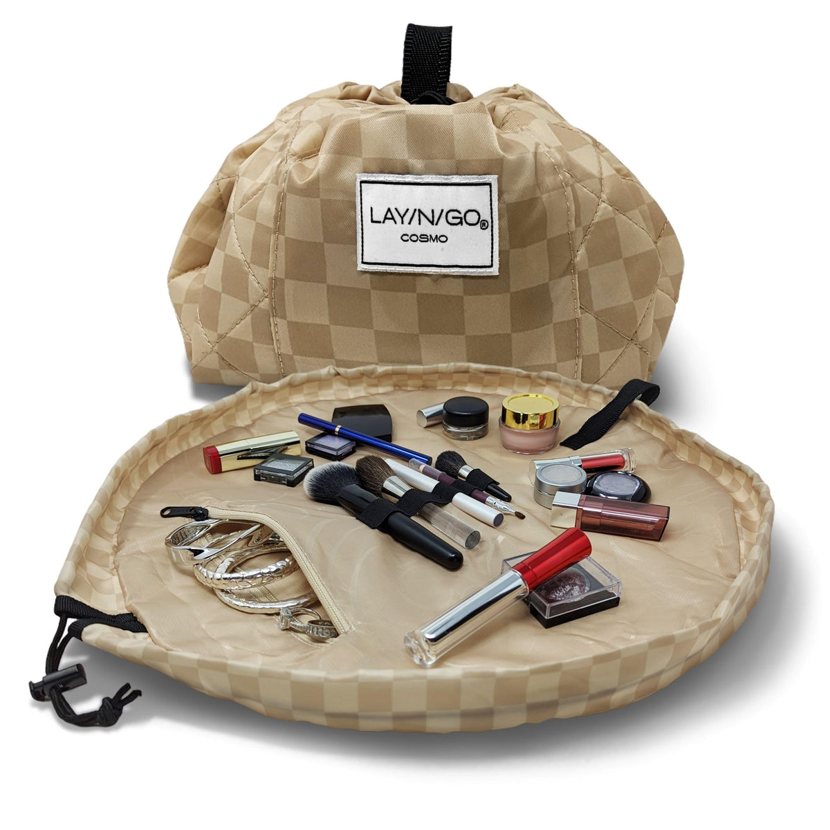 Lay-n-Go Cosmo Layflat Drawstring Cosmetic & Makeup Bag Organizer w/Zipper Pocket, Brush Loops & More, Cinch to Close, Lay Flat to Use, Durable, Machine Wash, Travel Toiletry Bag (20", Dogs)
