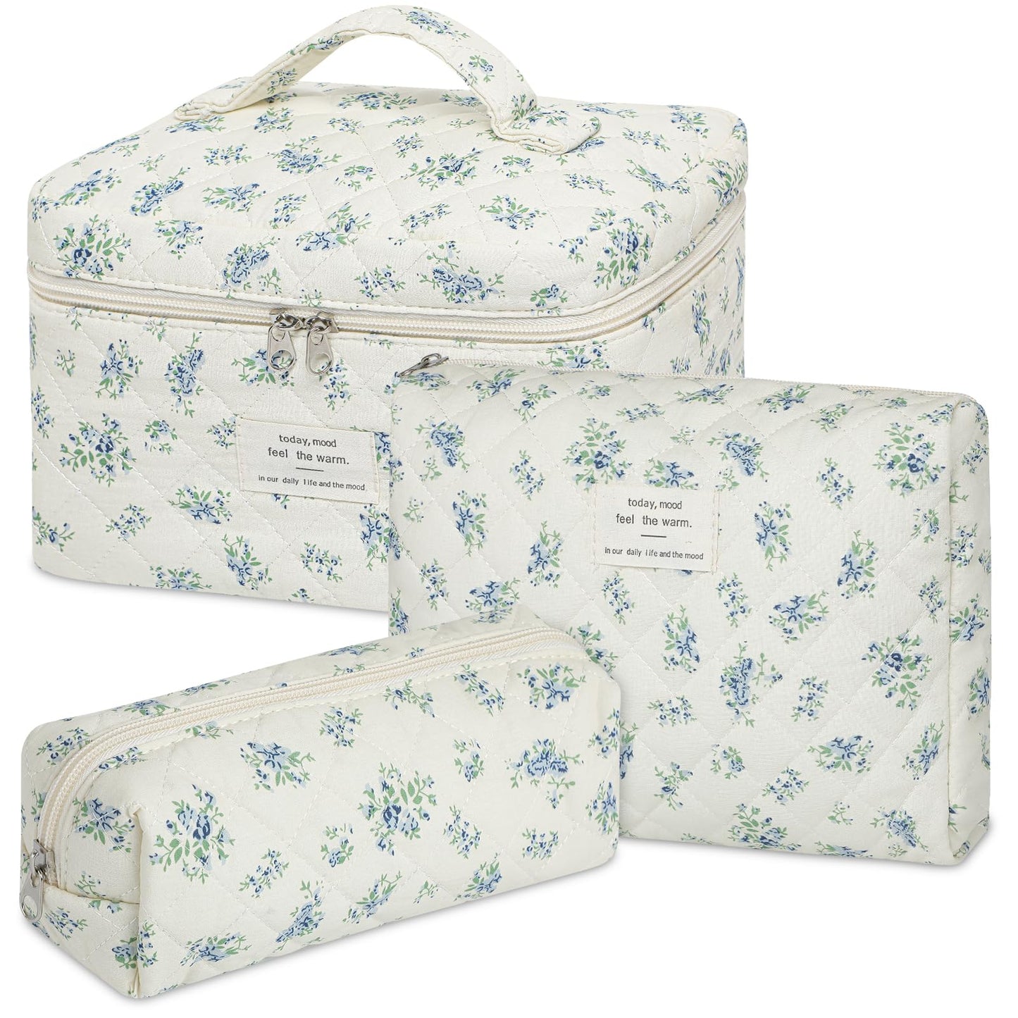 senbowe Floral Makeup Bag, 3 Pack Large Cotton Quilted Makeup Bag Set, Cute Floral Coquette Aesthetic Toiletry Bag Make Up Cosmetic Bag for Women, Toiletry Travel Make Up Organizer Bag