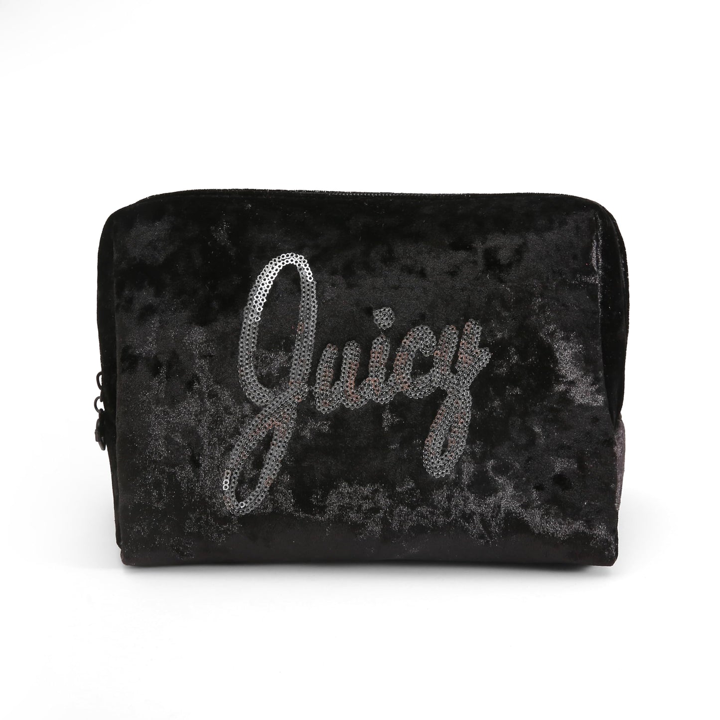 Juicy Couture Green Makeup Bag Cosmetics Organizer Travel Essentials Zip Top Wedge Crushed Velvet Sequin Logo