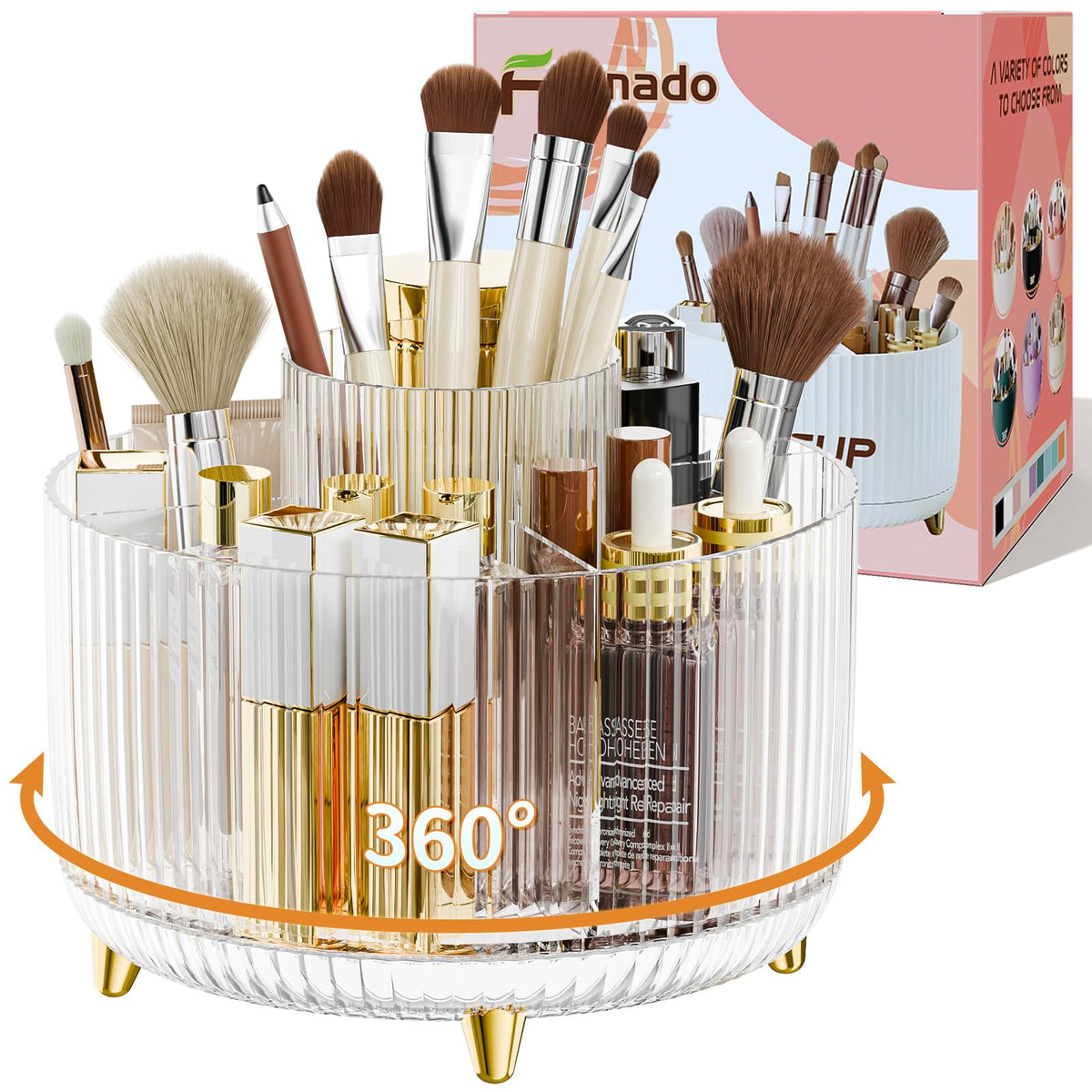 fanado 360° Rotate Makeup Brush Holder Organizer, Makeup Organizers Countertop, Makeup organization and Skincare Storage for Vanity, Desktop, Bathroom (White)