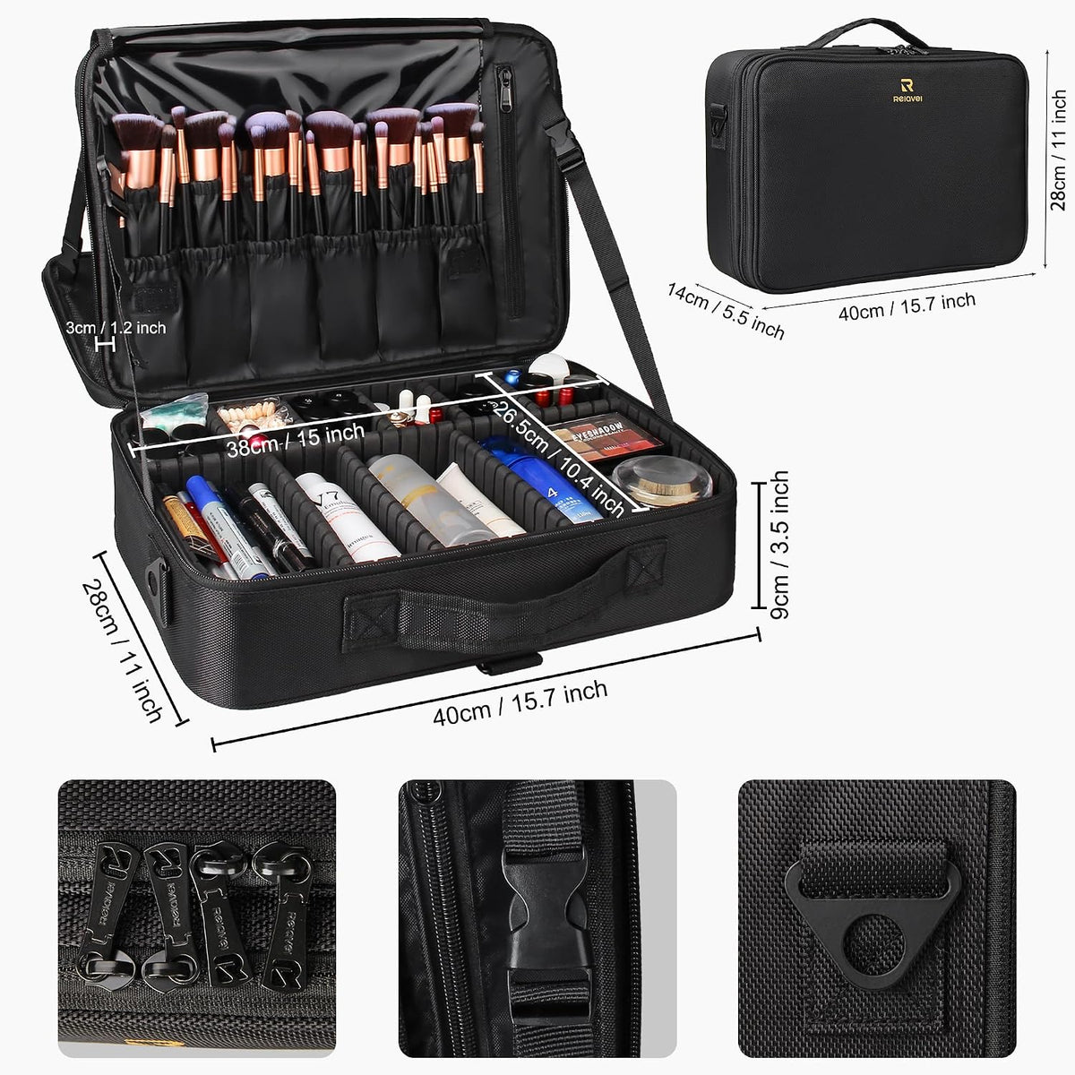 Relavel Makeup Case Large Makeup Bag Professional Train Case 16.5 inches Travel Cosmetic Organizer Brush Holder Waterproof Makeup Artist Storage Box, 3 Layer Large Capacity, with Adjustable Strap