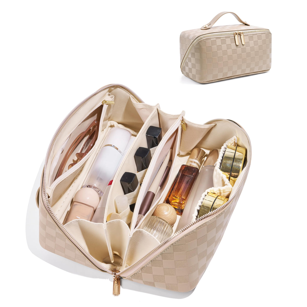 ALEXTINA Travel Makeup Bag, Large Capacity Cosmetic Bag for Women, Open Flat Make up Bag, Waterproof PU Leather Checkered Makeup Organizer Bag with Collapsible Handle,Toiletry Bag for Cosmetics, White