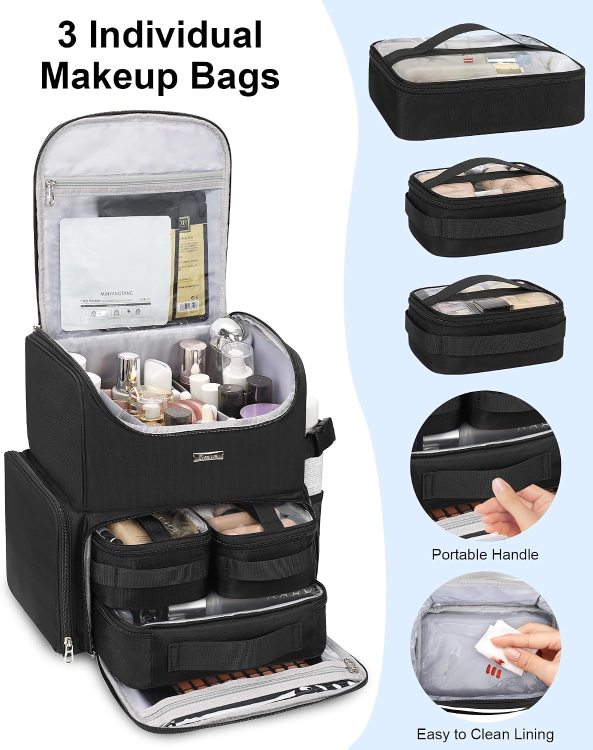 Relavel Makeup Backpack Large Makeup Bag with 3 Clear Set Bags, Dual Layer Professional Cosmetic Organizer Travel Train Case Makeup Artist Kit with Adjustable Dividers & Easy to Clean Lining, Black