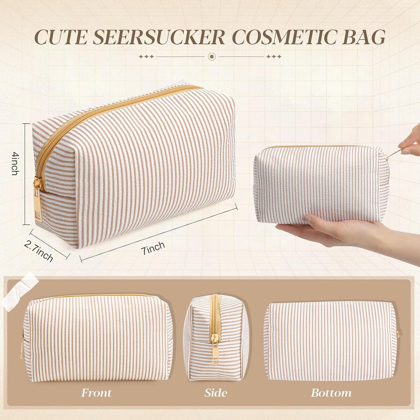 Sanwuta 6 Pcs Seersucker Cosmetic Bags Bulk, Striped Zippered,Khaki