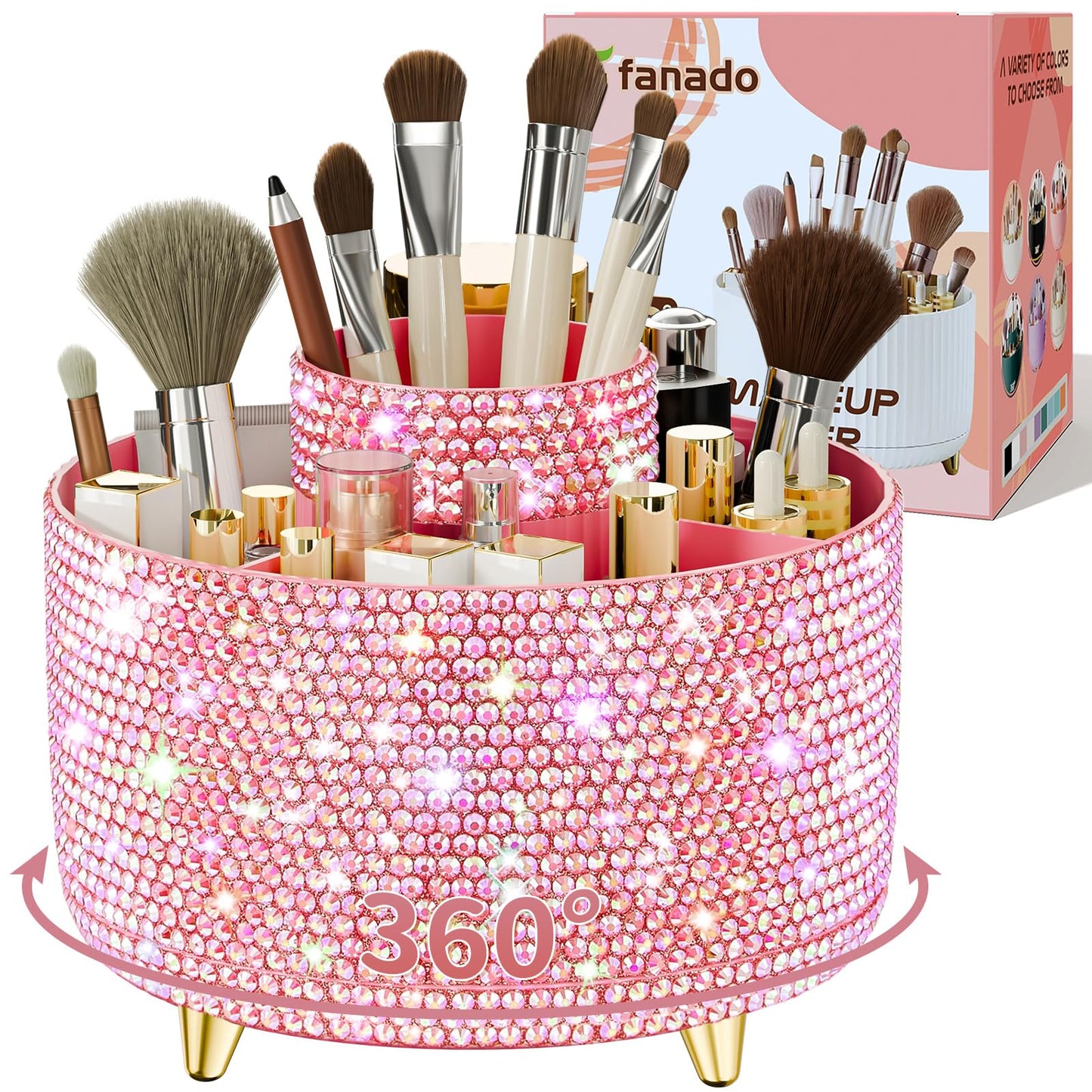 fanado 360° Rotate Makeup Brush Holder Organizer, Makeup Organizers Countertop, Makeup organization and Skincare Storage for Vanity, Desktop, Bathroom (Clear Amber)