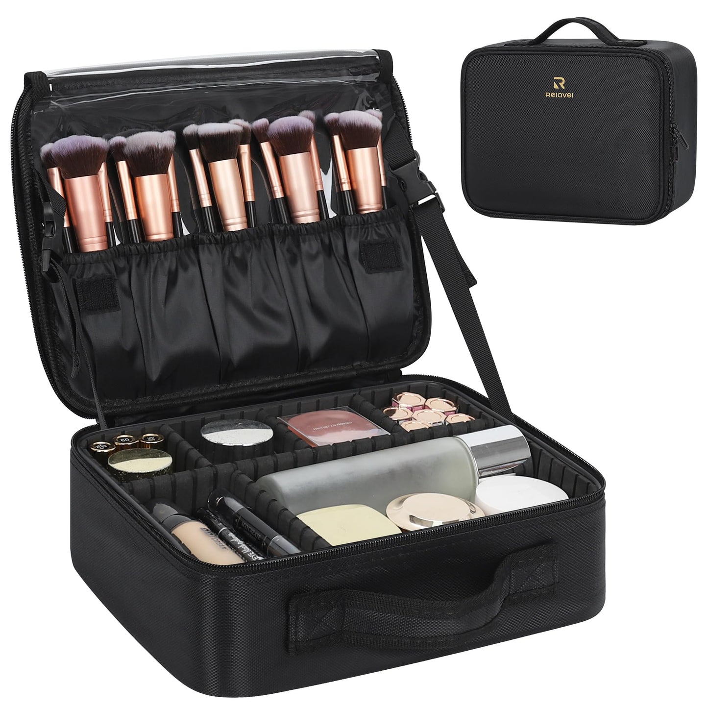 Relavel Makeup Bag Travel Train Case Cosmetic Organizer with Divider, Black