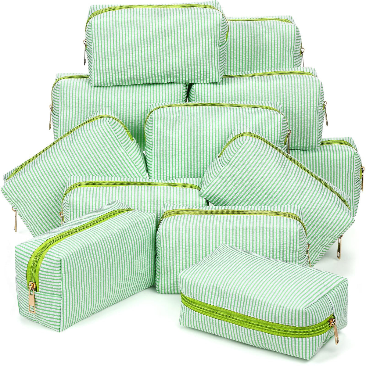 Sanwuta 6 Pcs Seersucker Cosmetic Bags Bulk, Striped Zippered,Khaki