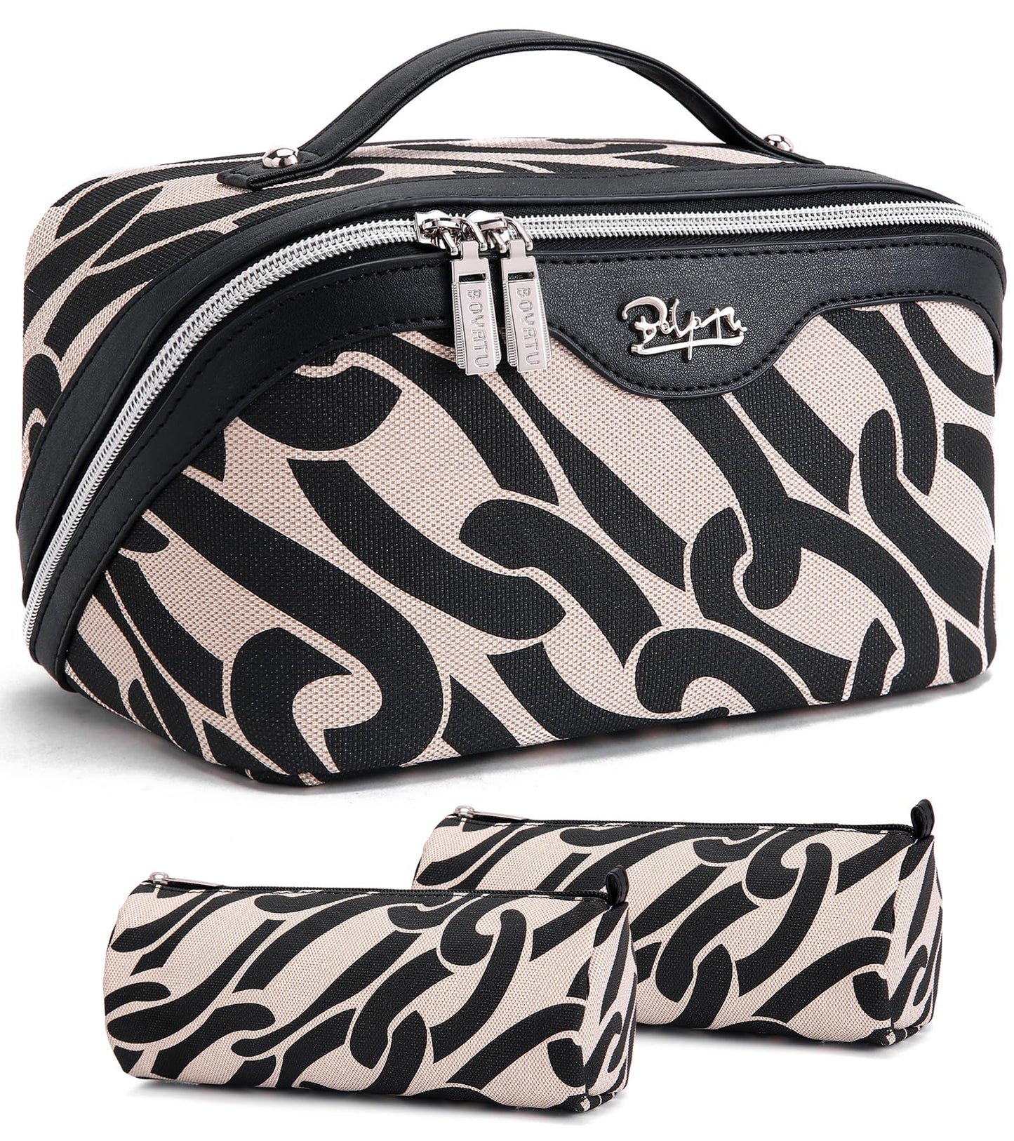 BOYATU Travel Makeup Bags Cosmetic Organizer Bag: Floral Make up Bag | 3 Pcs Set Large Capacity Makeup Bag with Compartments - Waterproof Leather Toiletry Bags with Handle for Women (Blue)