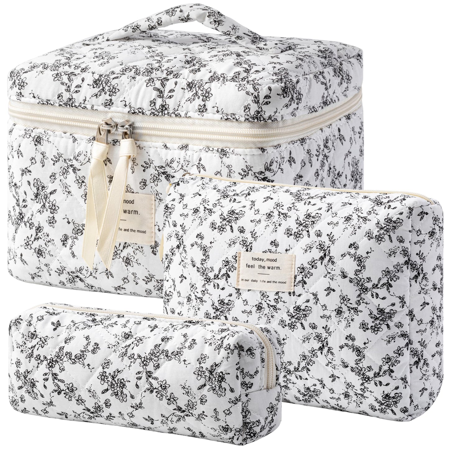 HBselect Quilted Makeup Bag, 3Pcs Cotton Large Travel Makeup Bags Organizer
