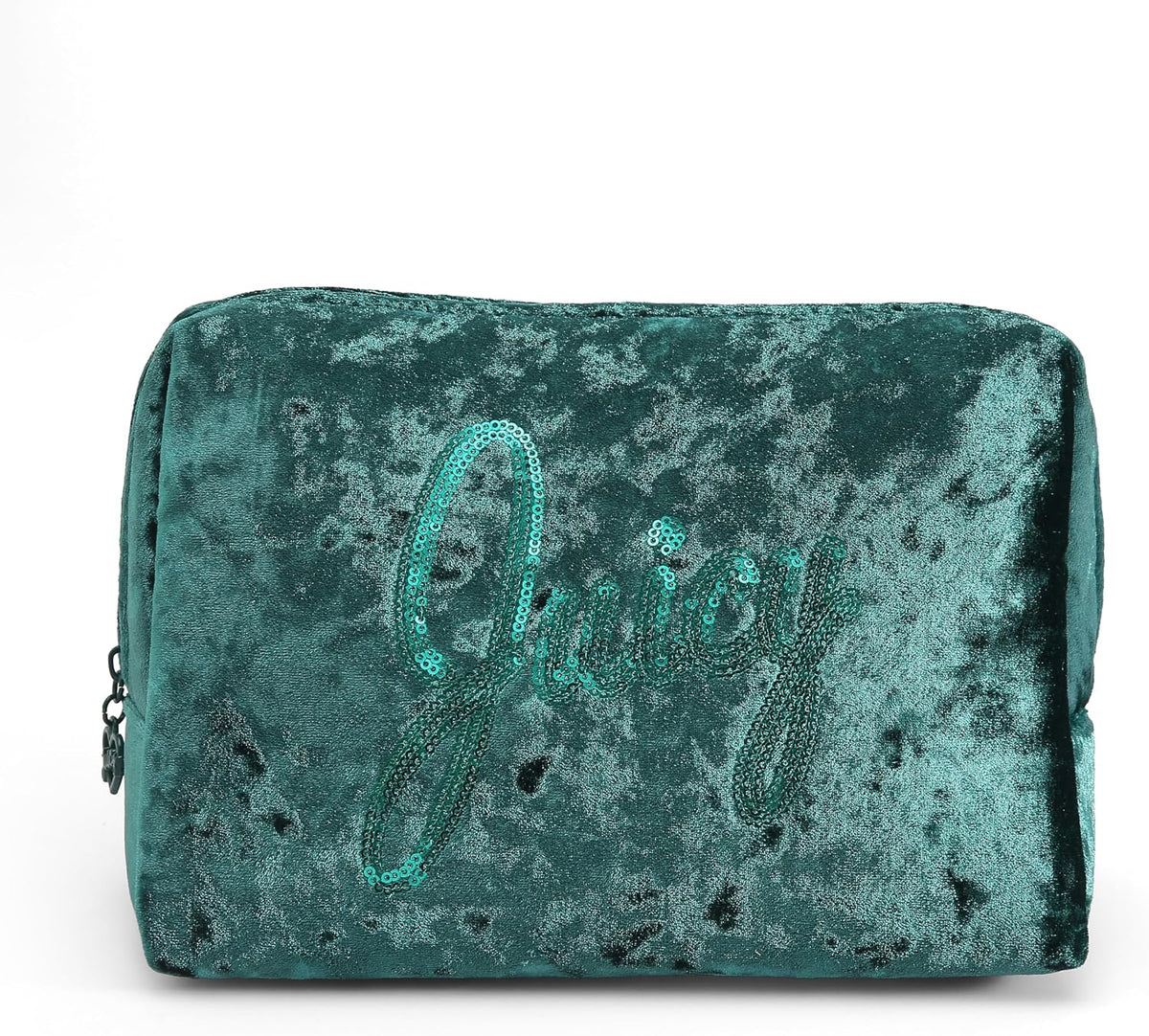 Juicy Couture Green Makeup Bag Cosmetics Organizer Travel Essentials Zip Top Wedge Crushed Velvet Sequin Logo