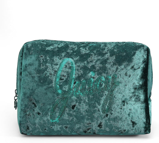 Juicy Couture Green Makeup Bag Cosmetics Organizer Travel Essentials Zip Top Wedge Crushed Velvet Sequin Logo