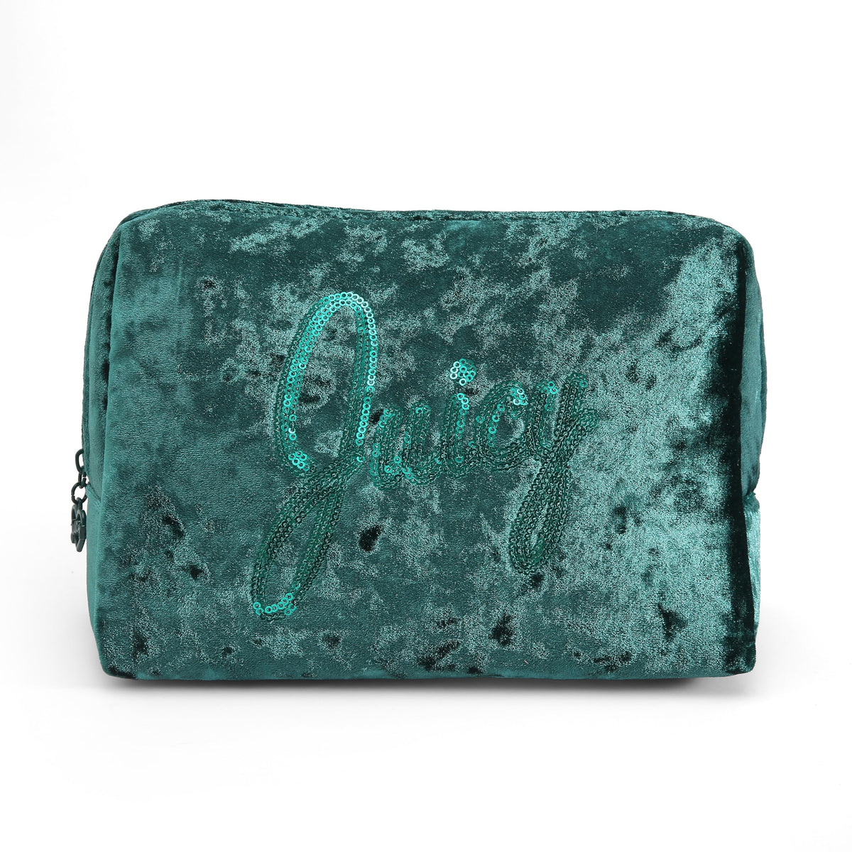 Juicy Couture Green Makeup Bag Cosmetics Organizer Travel Essentials Zip Top Wedge Crushed Velvet Sequin Logo
