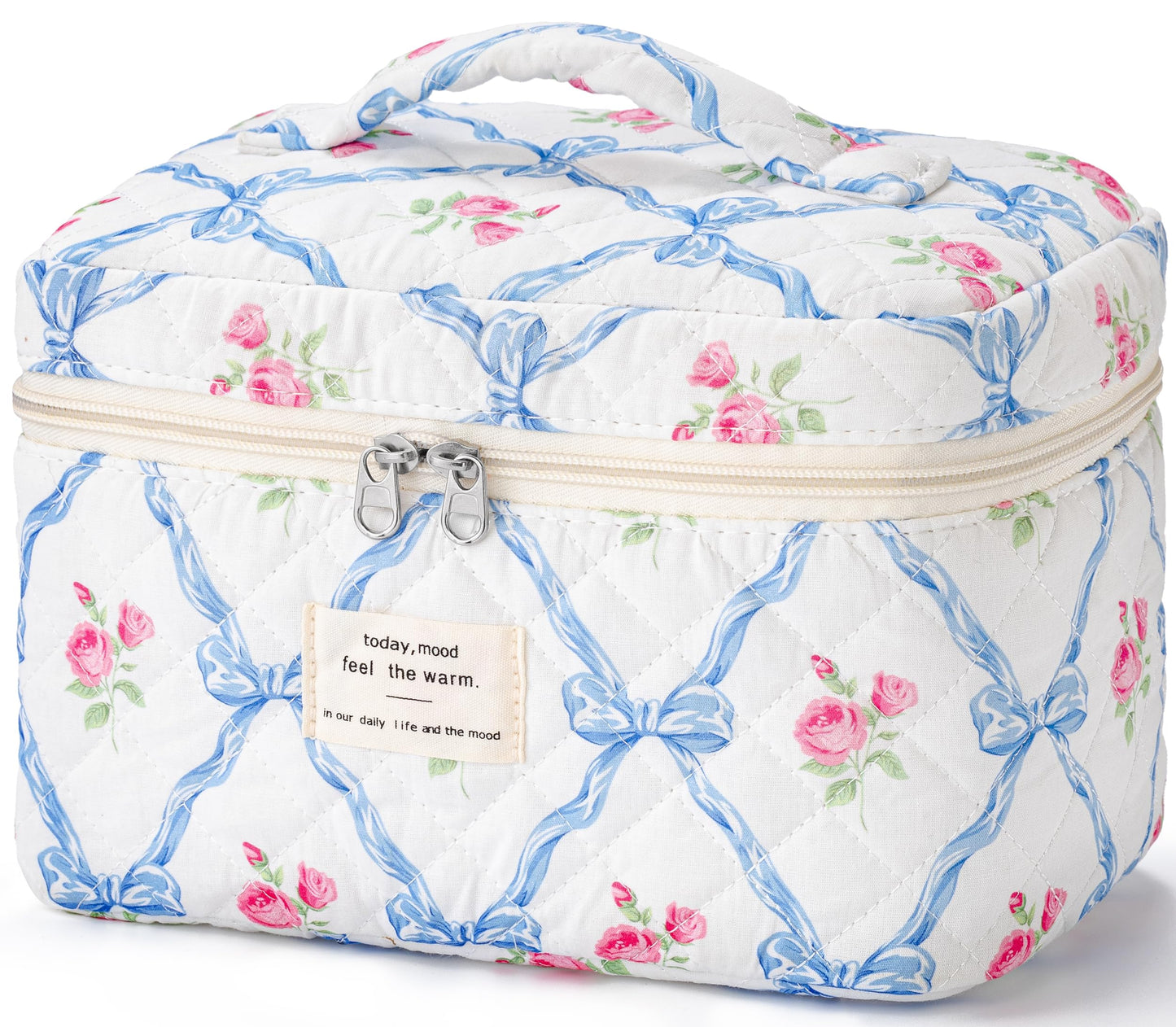 HBselect Large Quilted Makeup Bag for Women Cute Cotton Travel Cosmetic Bag | Floral Coquette Aesthetic Toiletry Organizer Bag with Handle, Portable Multifunctional Makeup Bag, Gifts for Bridesmaids