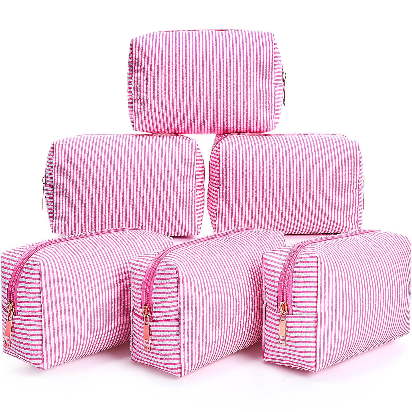 Sanwuta 6 Pcs Seersucker Cosmetic Bags Bulk, Striped Zippered,Khaki