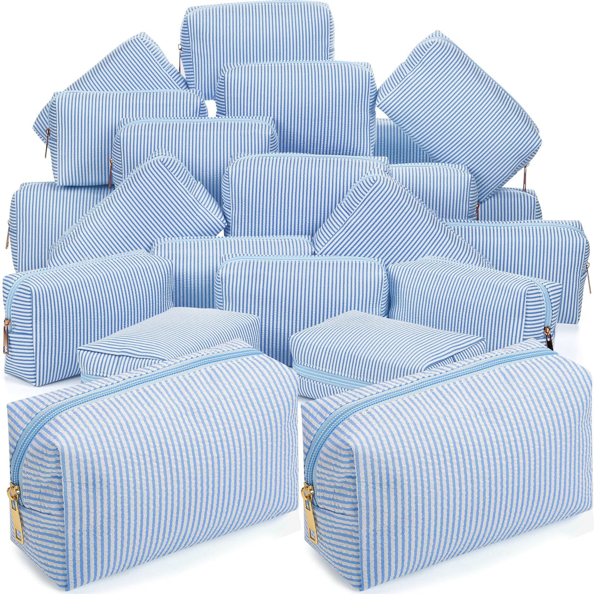 Sanwuta 6 Pcs Seersucker Cosmetic Bags Bulk, Striped Zippered,Khaki