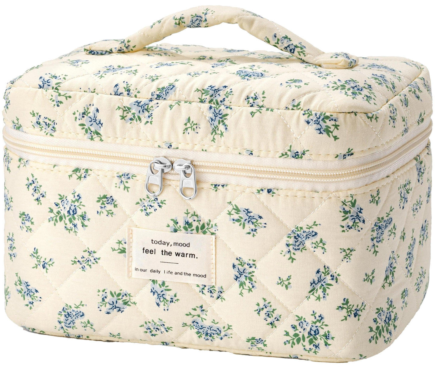 HBselect Large Quilted Makeup Bag for Women Cute Cotton Travel Cosmetic Bag | Floral Coquette Aesthetic Toiletry Organizer Bag with Handle, Portable Multifunctional Makeup Bag, Gifts for Bridesmaids