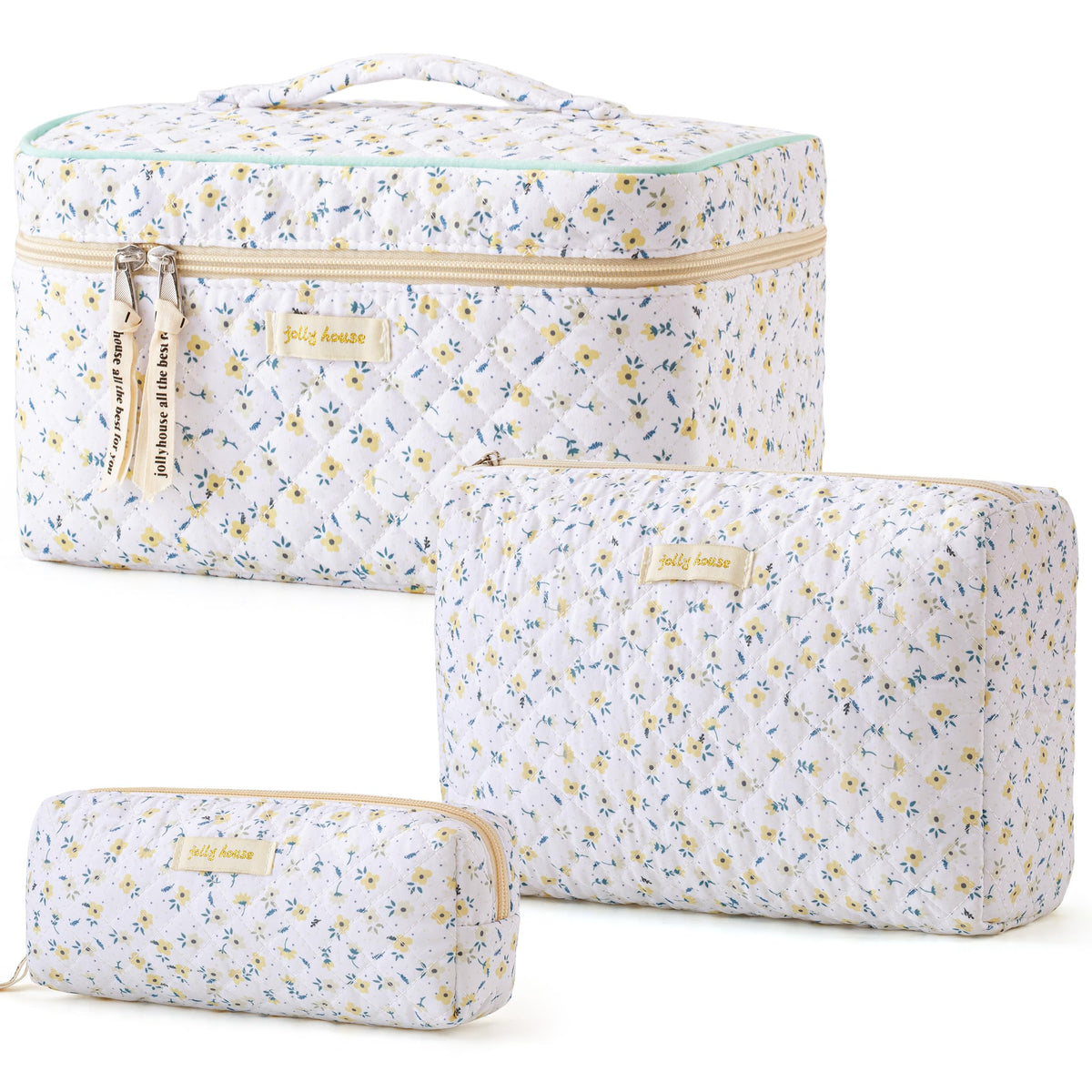 HBselect Quilted Makeup Bag, 3Pcs Cotton Large Travel Makeup Bags Organizer