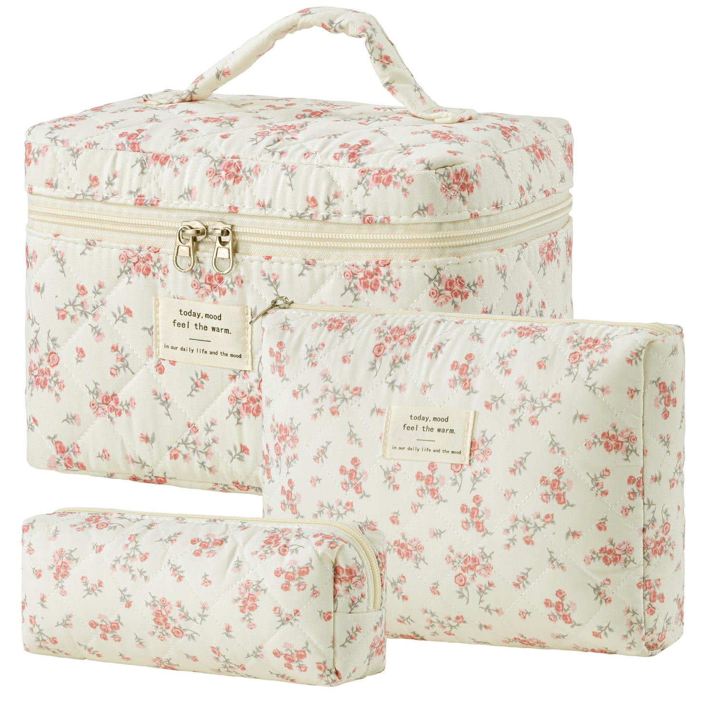 HBselect Quilted Makeup Bag, 3Pcs Cotton Large Travel Makeup Bags Organizer