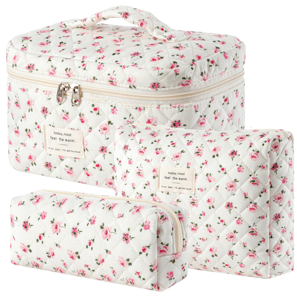 HBselect Quilted Makeup Bag, 3Pcs Cotton Large Travel Makeup Bags Organizer