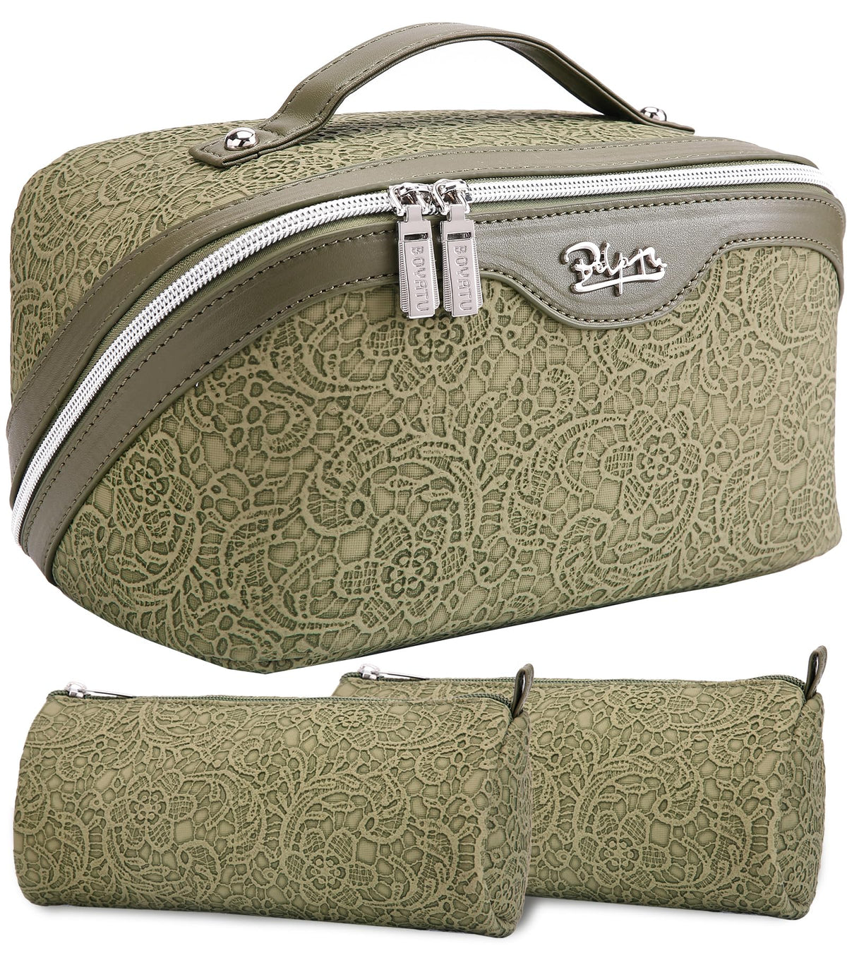 BOYATU Travel Makeup Bags Cosmetic Organizer Bag: Floral Make up Bag | 3 Pcs Set Large Capacity Makeup Bag with Compartments - Waterproof Leather Toiletry Bags with Handle for Women (Blue)