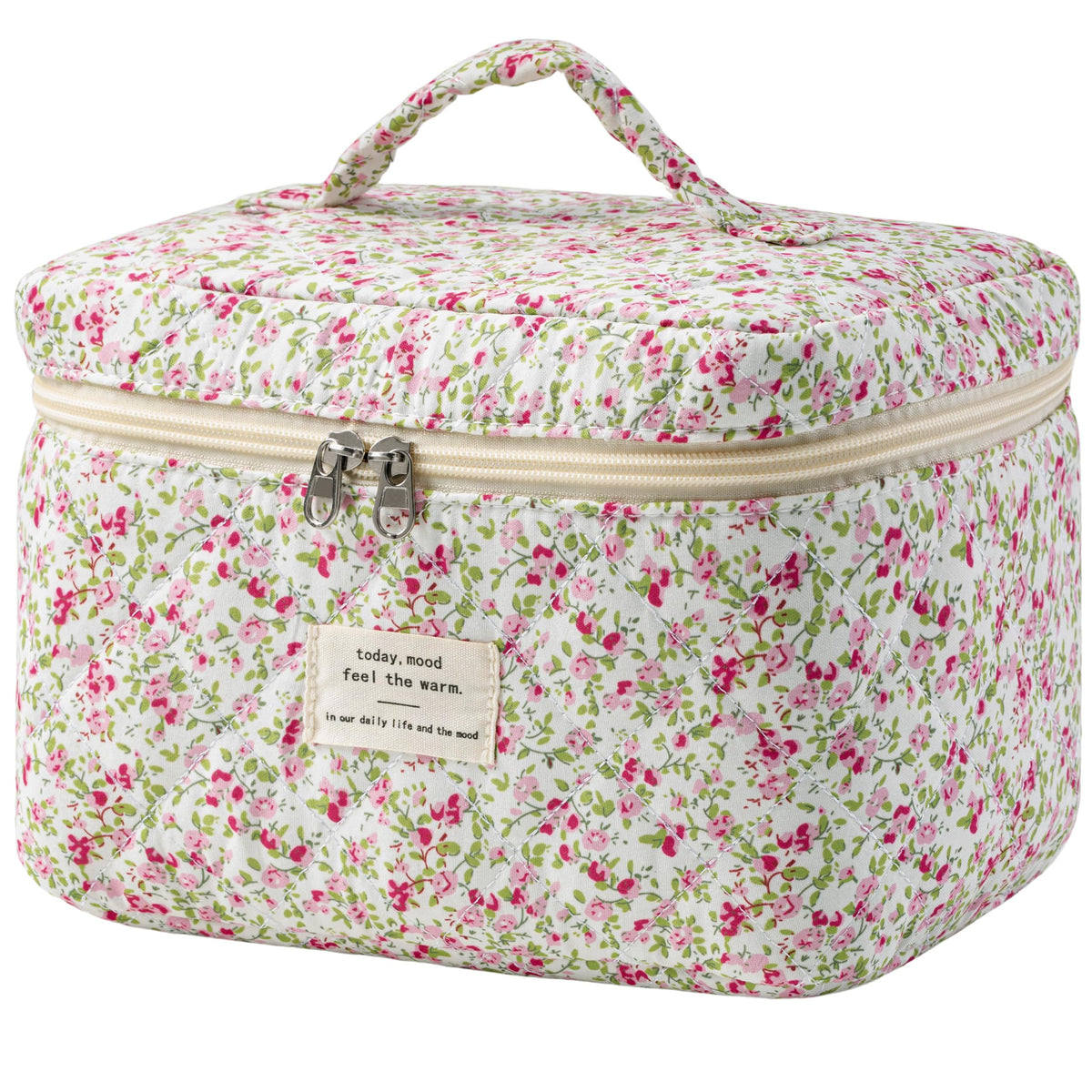 HBselect Large Quilted Makeup Bag for Women Cute Cotton Travel Cosmetic Bag | Floral Coquette Aesthetic Toiletry Organizer Bag with Handle, Portable Multifunctional Makeup Bag, Gifts for Bridesmaids
