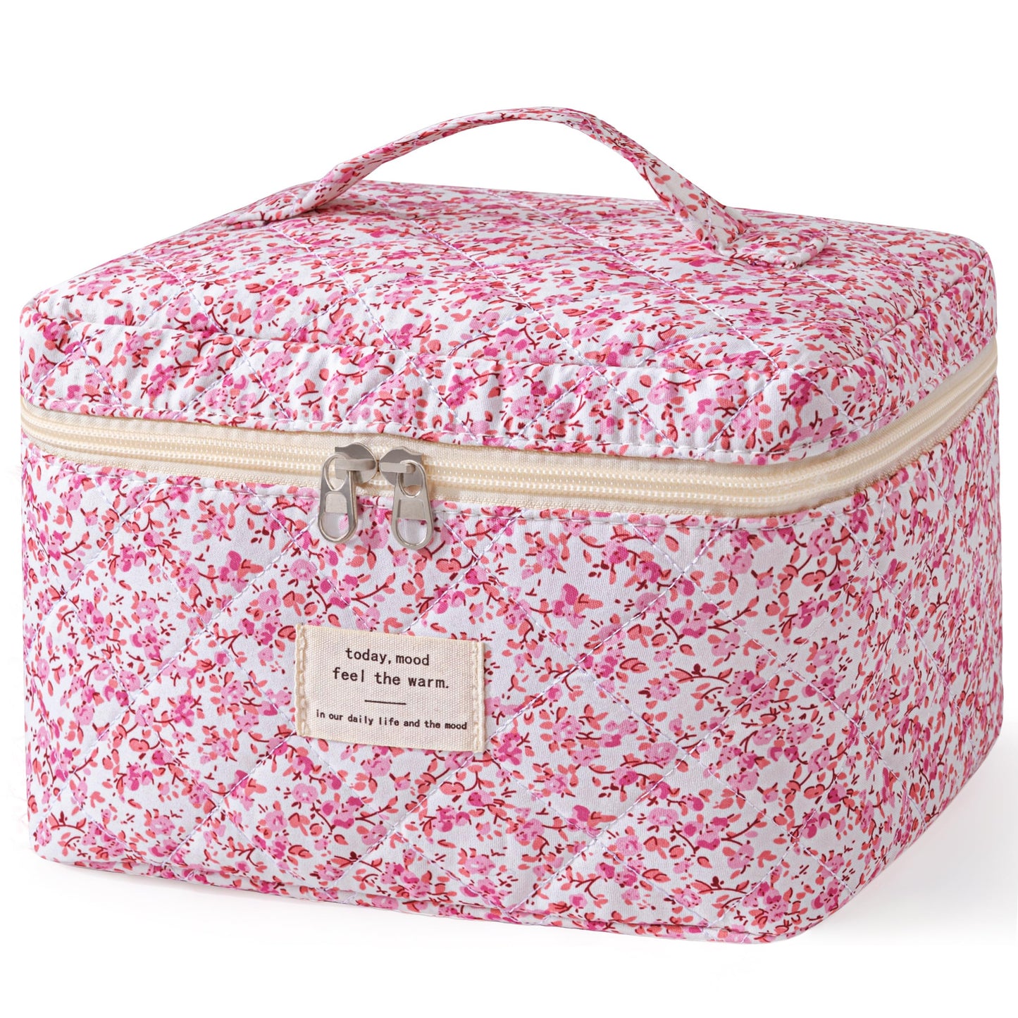 HBselect Large Quilted Makeup Bag for Women Cute Cotton Travel Cosmetic Bag | Floral Coquette Aesthetic Toiletry Organizer Bag with Handle, Portable Multifunctional Makeup Bag, Gifts for Bridesmaids