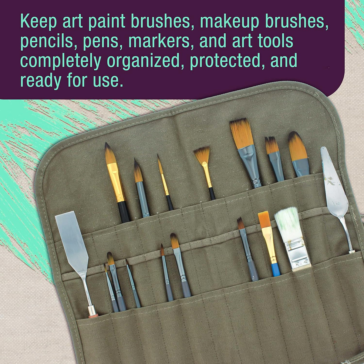 U.S. Art Supply Deluxe Canvas Art Paint Brush Holder & Storage Organizer