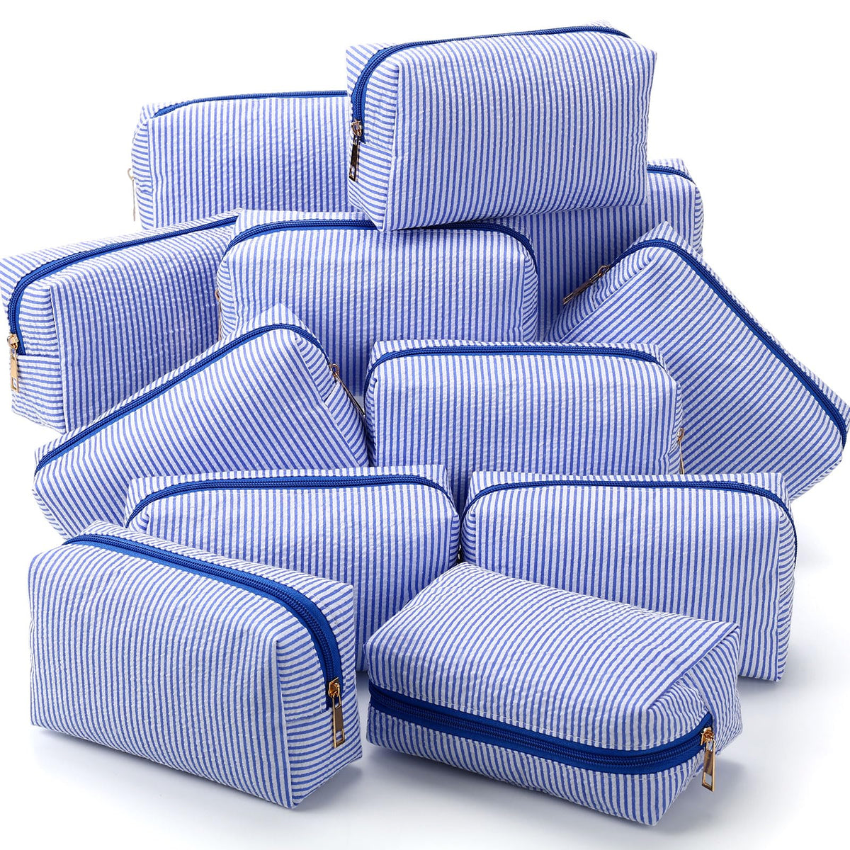 Sanwuta 6 Pcs Seersucker Cosmetic Bags Bulk, Striped Zippered,Khaki
