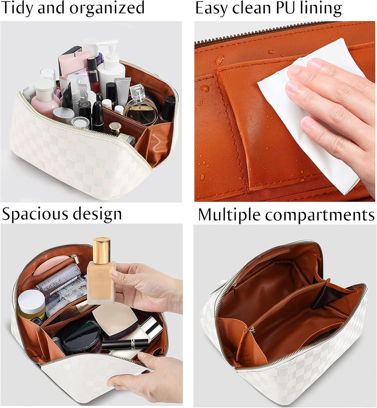 ALEXTINA Travel Makeup Bag, Large Capacity Cosmetic Bag for Women, Open Flat Make up Bag, Waterproof PU Leather Checkered Makeup Organizer Bag with Collapsible Handle,Toiletry Bag for Cosmetics, White