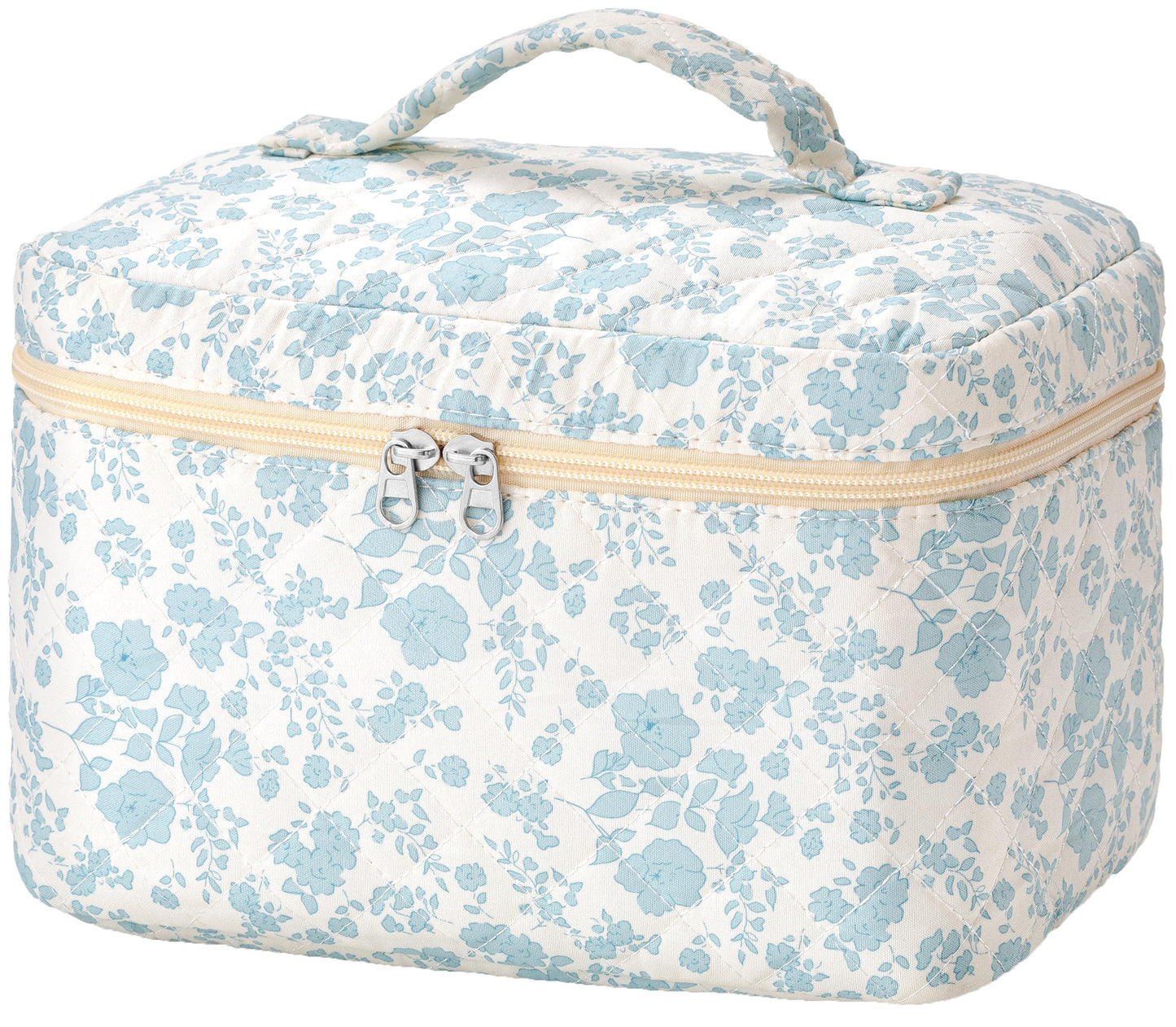 HBselect Large Quilted Makeup Bag for Women Cute Cotton Travel Cosmetic Bag | Floral Coquette Aesthetic Toiletry Organizer Bag with Handle, Portable Multifunctional Makeup Bag, Gifts for Bridesmaids